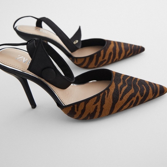 ZARA Leather Slingback Animal Print Heels - Picture 1 of 7
